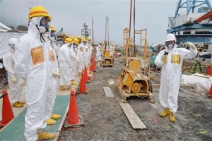 Members of a Fukushima prefecture panel inspect the construction site of a shore barrier near the No.1 and No.2 reactor building of the tsunami-crippled Fukushima Daiichi nuclear power plant